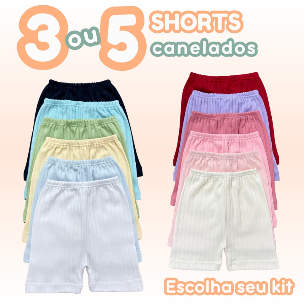 Kit 3 ou 5 Shorts Bebê 100% Algodão Canelado Comfort Premium Calor Verão Cores Feminino Masculino Unissex Zuraffa Baby