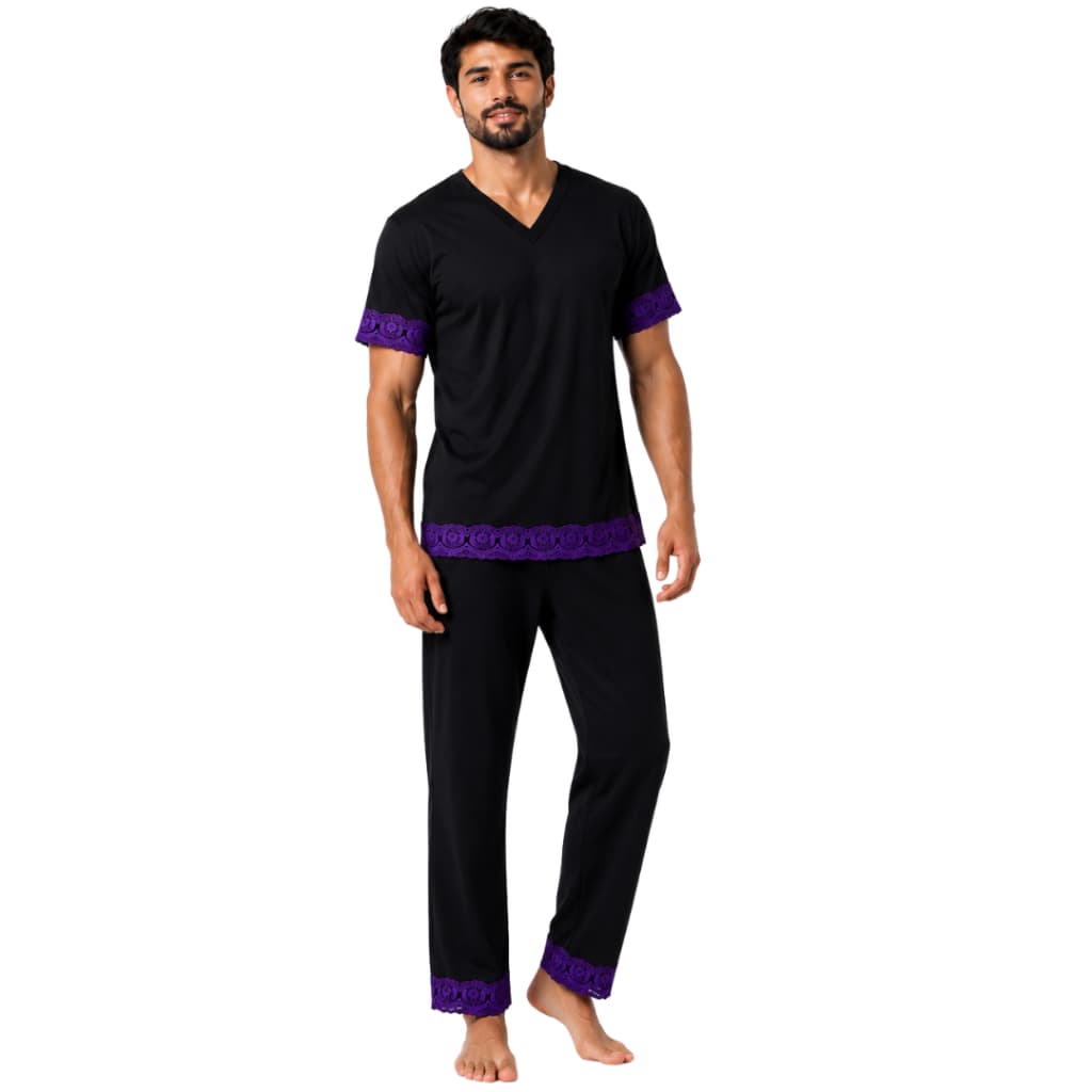 Conjunto Masculino Umbanda e Candomblé Roupa de Exu com bordado inglês Roxo Luxo do P ao EGG