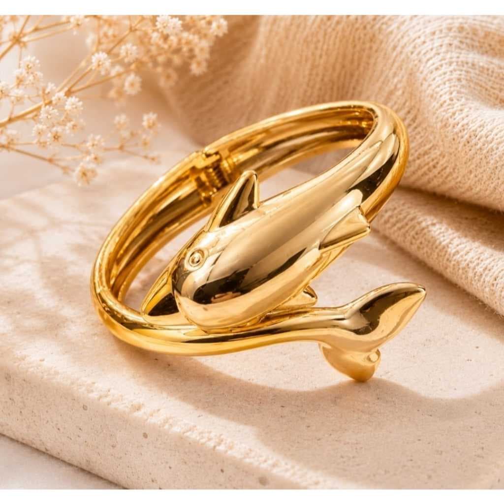 Bracelete Pulseira Feminina  Elegante Golfinho Aço Inoxidável Folheada Dourada