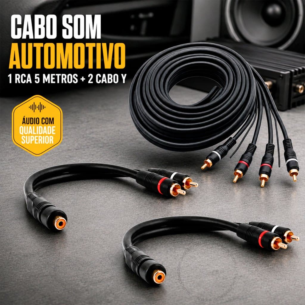 Cabo RCA 4mm 5 Metros + 2 Cabo Y Preto Conector Ouro Acessório Áudio Carro Som Automotivo Modulo