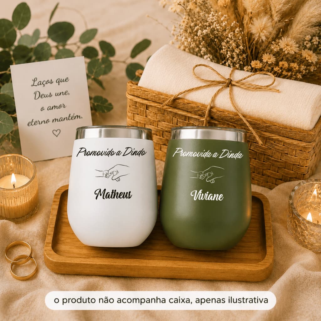 Kit 2 Copos Convite Dindo e Dinda de Batismo Copo Cuia Inox