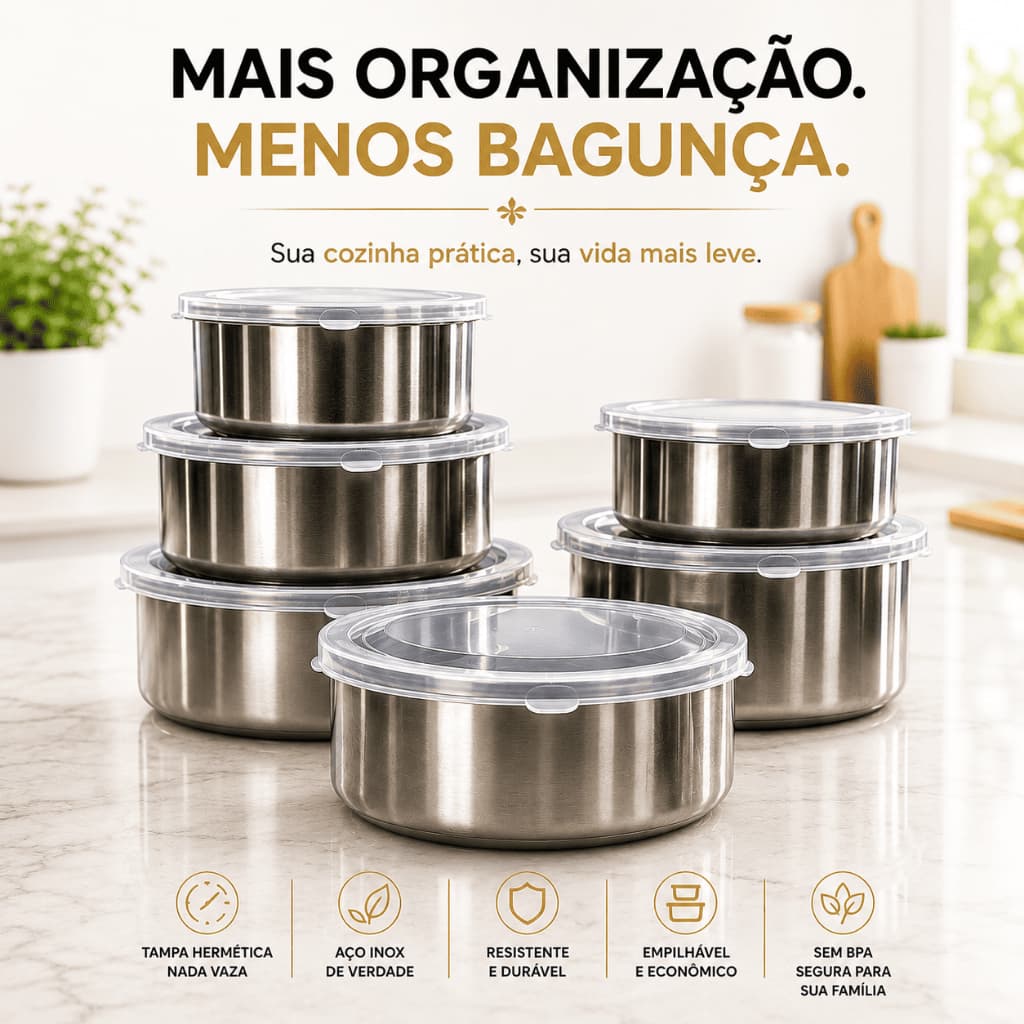 Kit 5 Potes Herméticos Inox Vellora Kitchen™ com Tampa Vedação Empilháveis para Cozinha