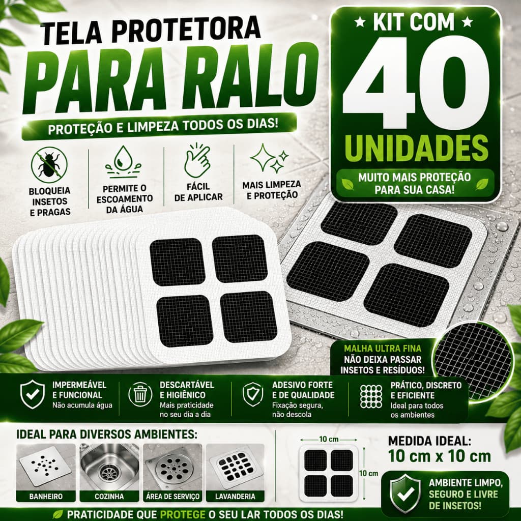 Kit 40 Telas Protetoras Adesivas para Ralo Anti Insetos 10x10 Anti Entupimento Cabelos e Sujeiras