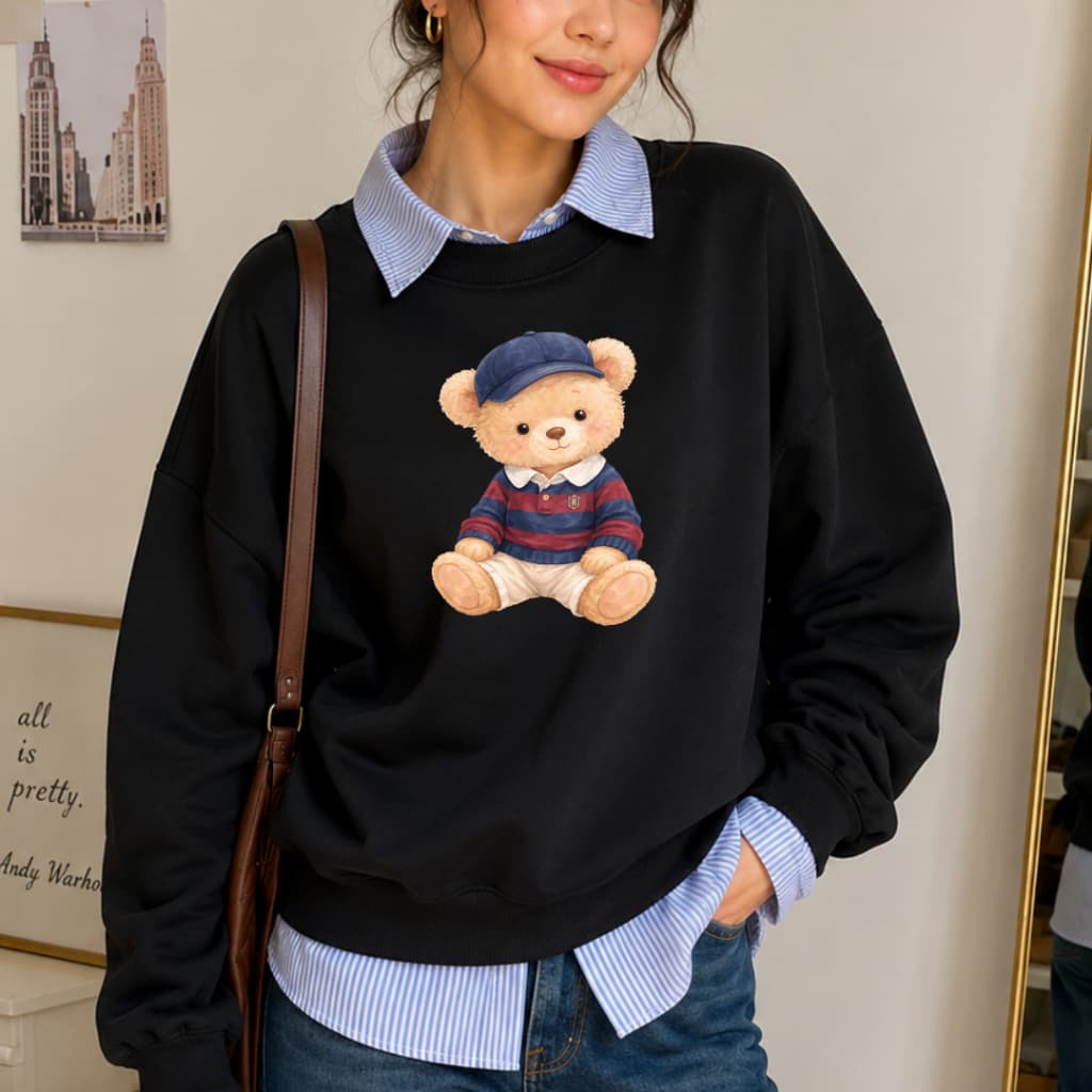 Moletom Feminino Oversized Flanelado Algodão Sem Capuz Urso Bear Blusa Frio Gola Punho Barra em Ribana Casual