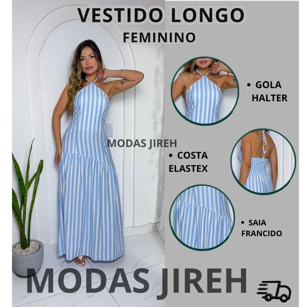 Vestido Longo Feminino Viscolino  Listrado Gola Halter Elegante Acinturado Casual Festa Moda Feminina
