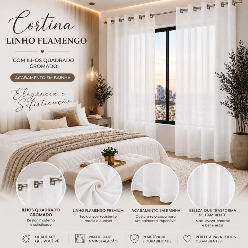 Cortina Voil Flame Linho 2,80x1,70 com Ilhós para Sala ou Quarto – Tecido Leve e Sofisticado