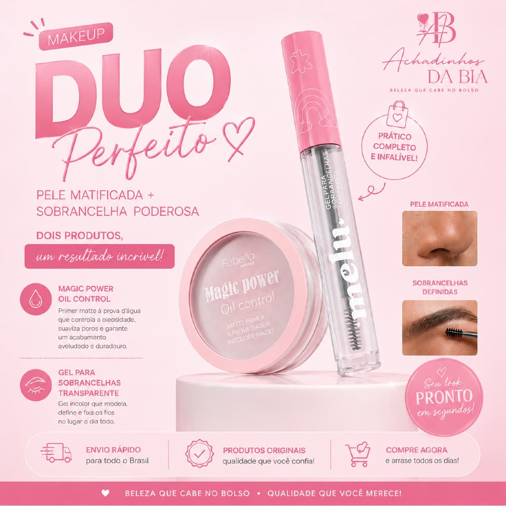 Kit Primer Matte Oil Control Febella + Gel para Sobrancelhas Melu Transparente | Pele Matificada e Fixação