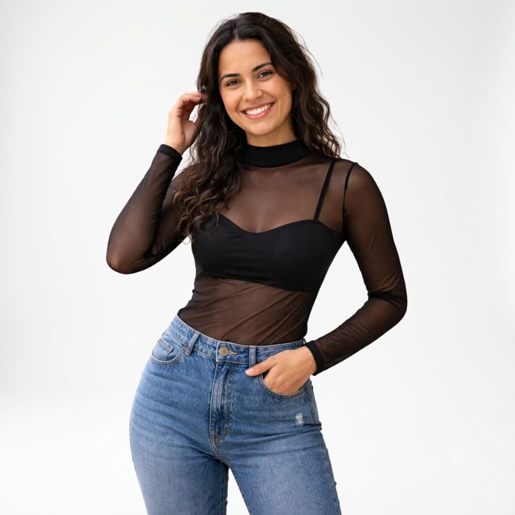 Blusa de Tule Gola Alta Manga Longa Malha Transparente - Tamanhos P ao GG