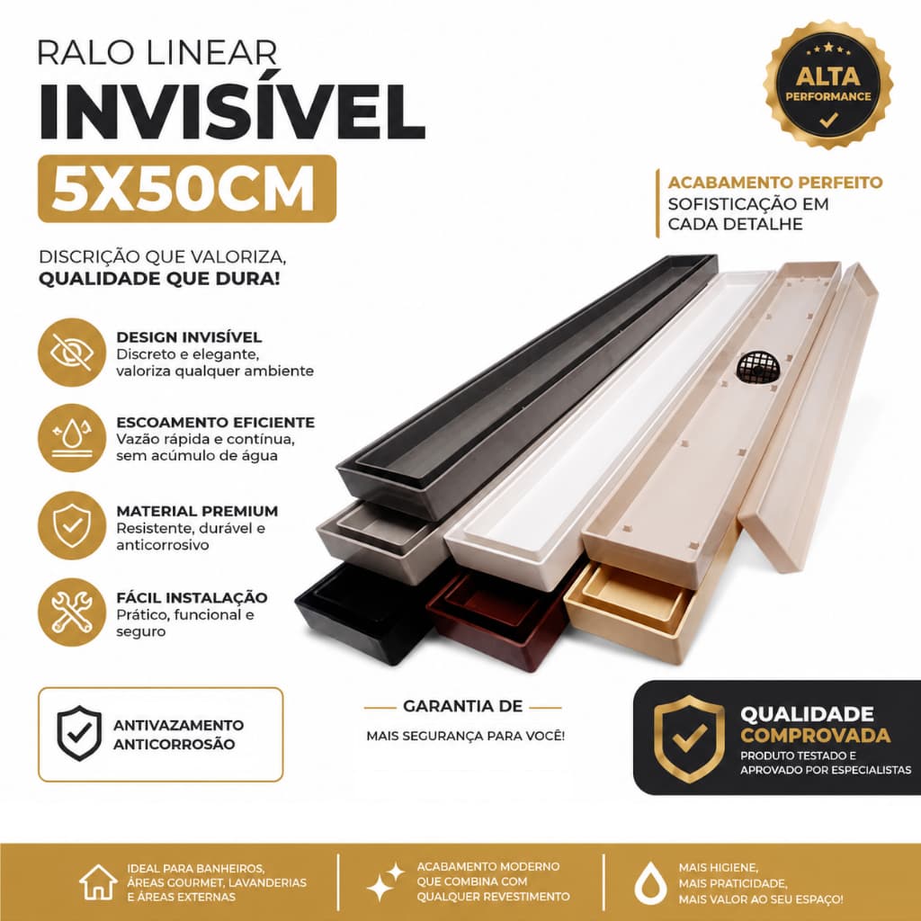 Ralo 5x50 Oculto Linear Embutir Invisível Piso Porcelanato