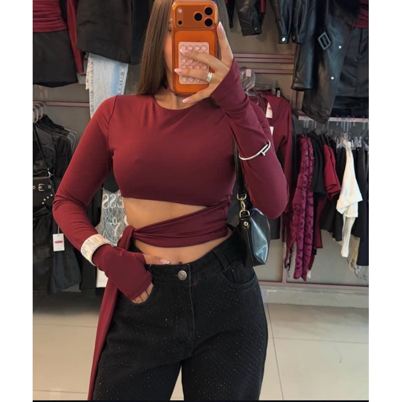 Blusa Cropped Inverno Manga Longa Suplex Feminino Laço Lateral Cropped Moda Blogueira Cropped amarração
