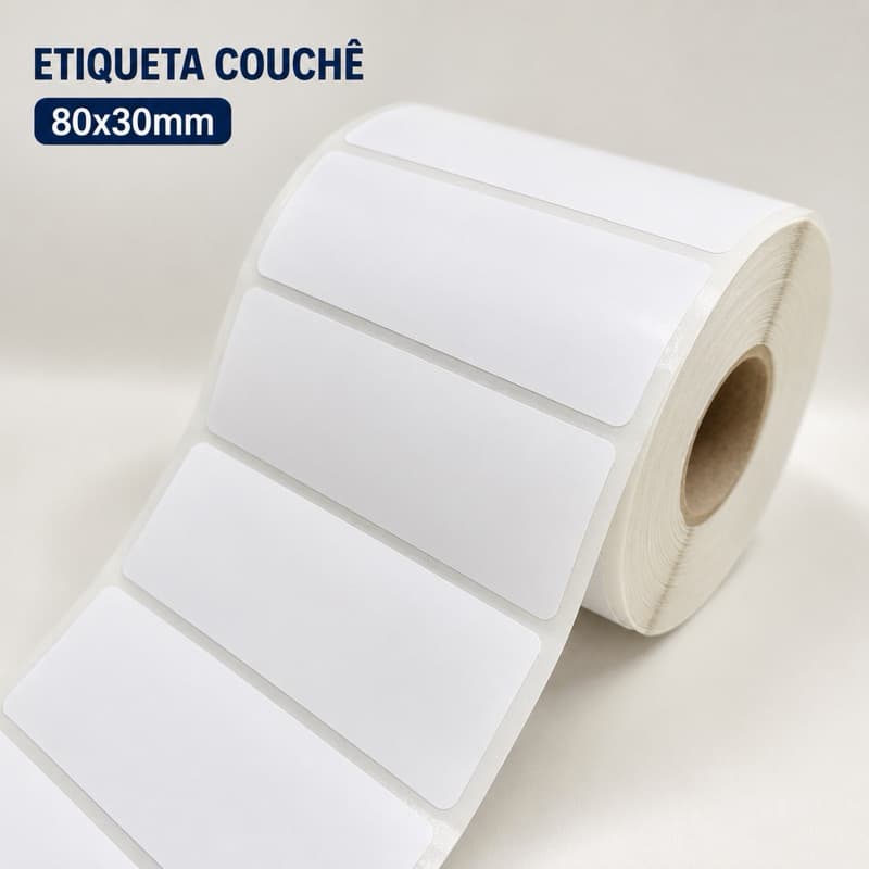 Etiqueta adesiva 80x30x1 couchê p/ Argox,Elgin, zebra, tsc, zetex z50x etc. Rolo com 30 metros 900 etiquetas
