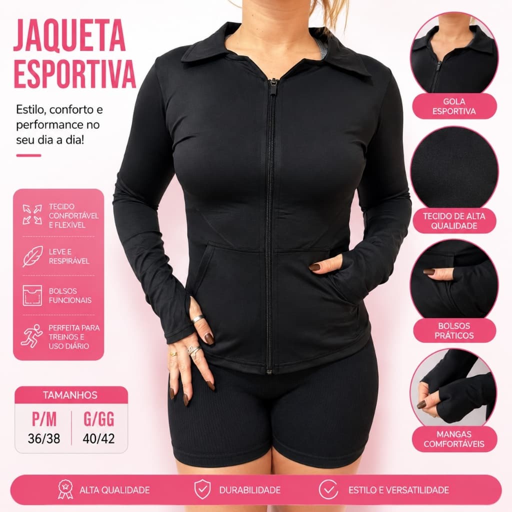 Jaqueta Fitness Feminina Manga Longa Com Zíper Academia Corrida Caminhada Treino Dry Fit Bolso P/M G/GG