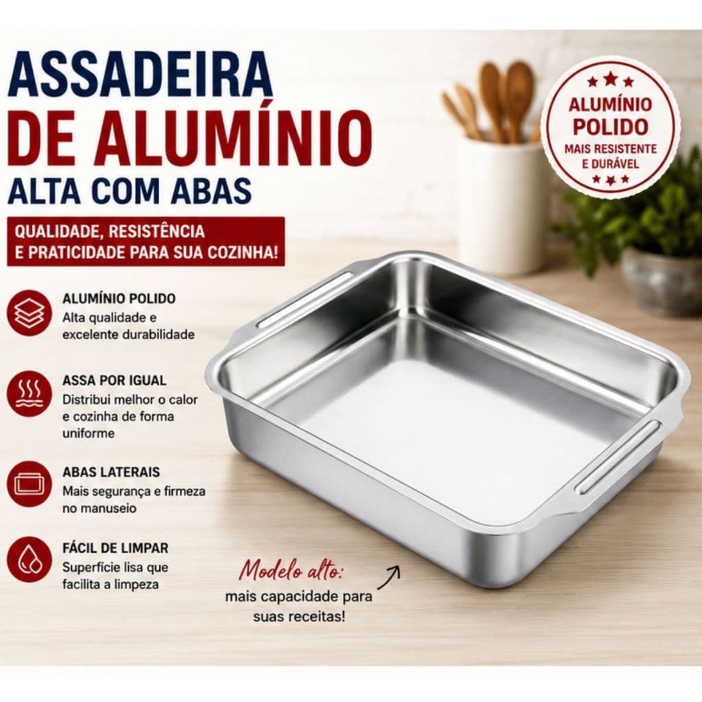 Assadeira de Alumínio Alta com Abas Retangular Nº 1 2 3 4 ou 5 | Forma para Bolo, Lasanha e Assados