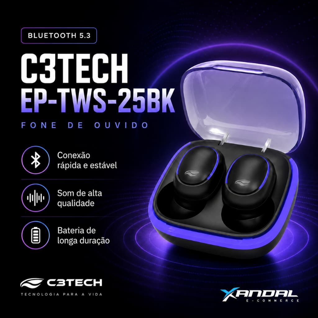 Fone de Ouvido Bluetooth 5.3 C3Tech EP-TWS-25BK TWS Sem Fio Intra-Auricular com Estojo de Carregamento Preto