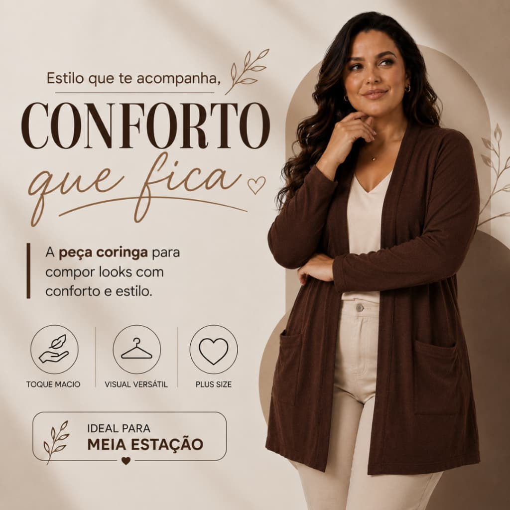 Cardigan Plus Size Feminino em Lanzinha Tendência Inverno com Bolsos