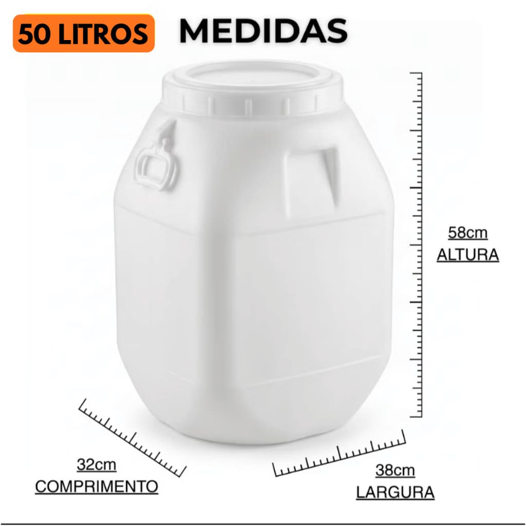 Bombona Branca Tambor Barril 50 Litros Plástica Reforçada Tampa Dupla Boca Larga Galão Água óleo Ração Produtos Limpeza