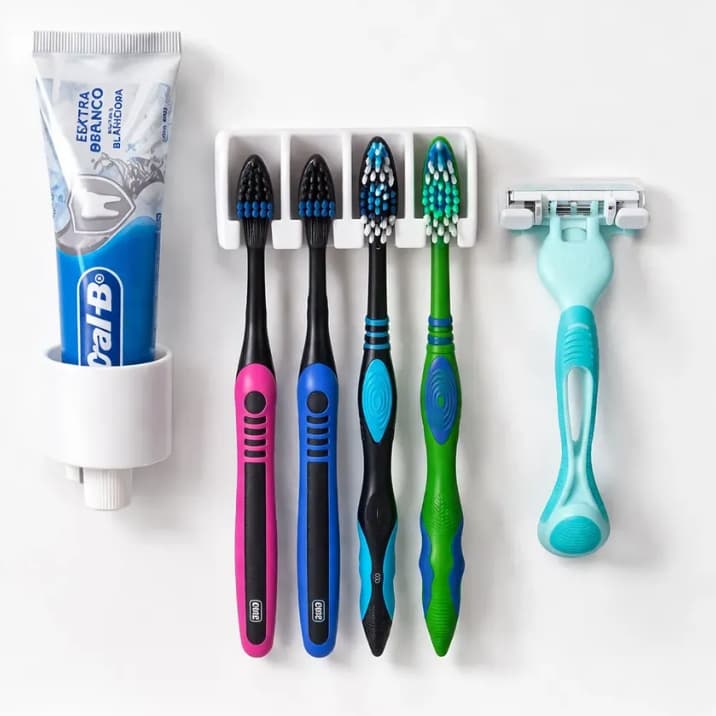 Kit Suporte Pasta E Escova De Dente E Gilete Banheiro Parede Branco Preto Porta