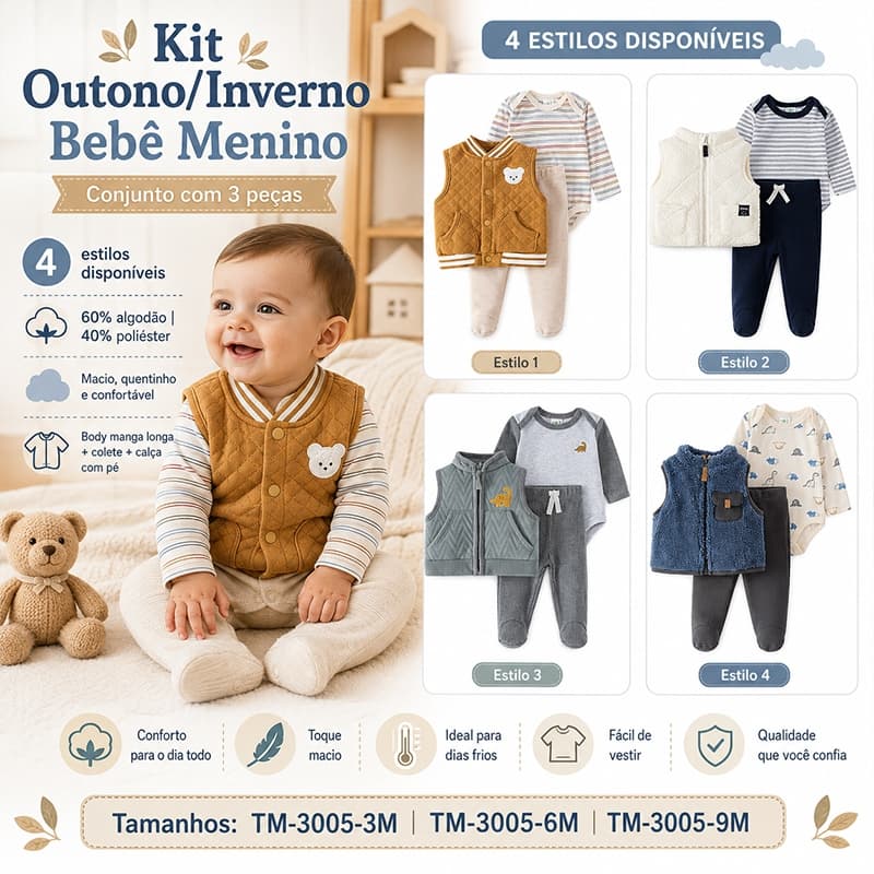 Kit Conjunto Infantil Menino 3 Peças Com Colete E Body Algodão Fofo Promoção