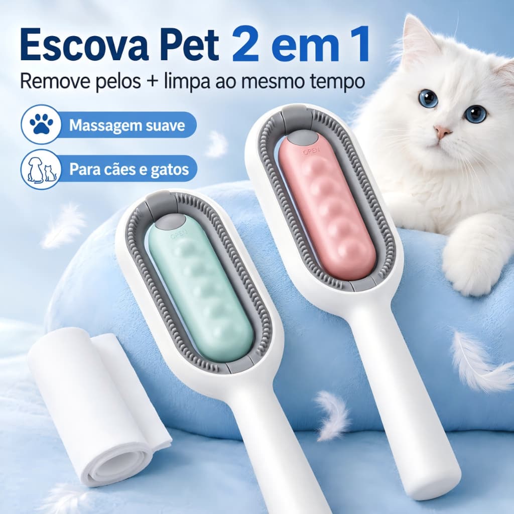 Escova Pet 2 em 1 com Reservatório de Água | Removedora de Pelos Soltos para Cães e Gatos, Limpeza e Massagem Suave