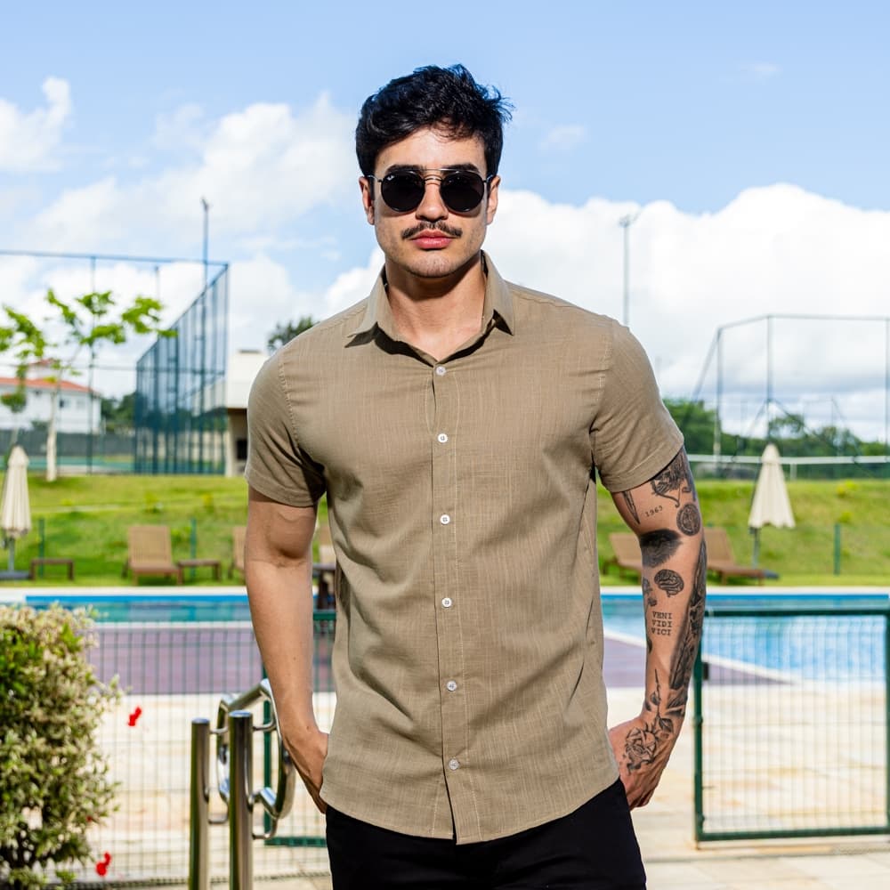 Camisa Social Masculina Manga Curta 100% Algod茫o Efeito Linho Casual Ver茫o