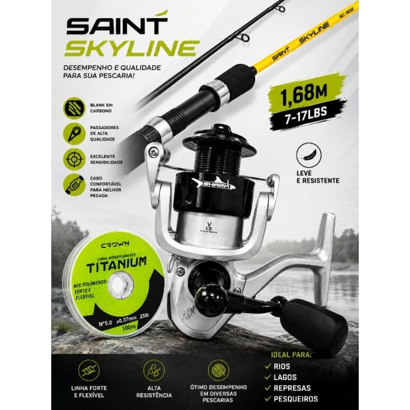 Kit Saint Vara Carbono Skyline + Molinete Shark + Linha Crown + Brinde | Leve e Resistente | Conjunto de Pesca
