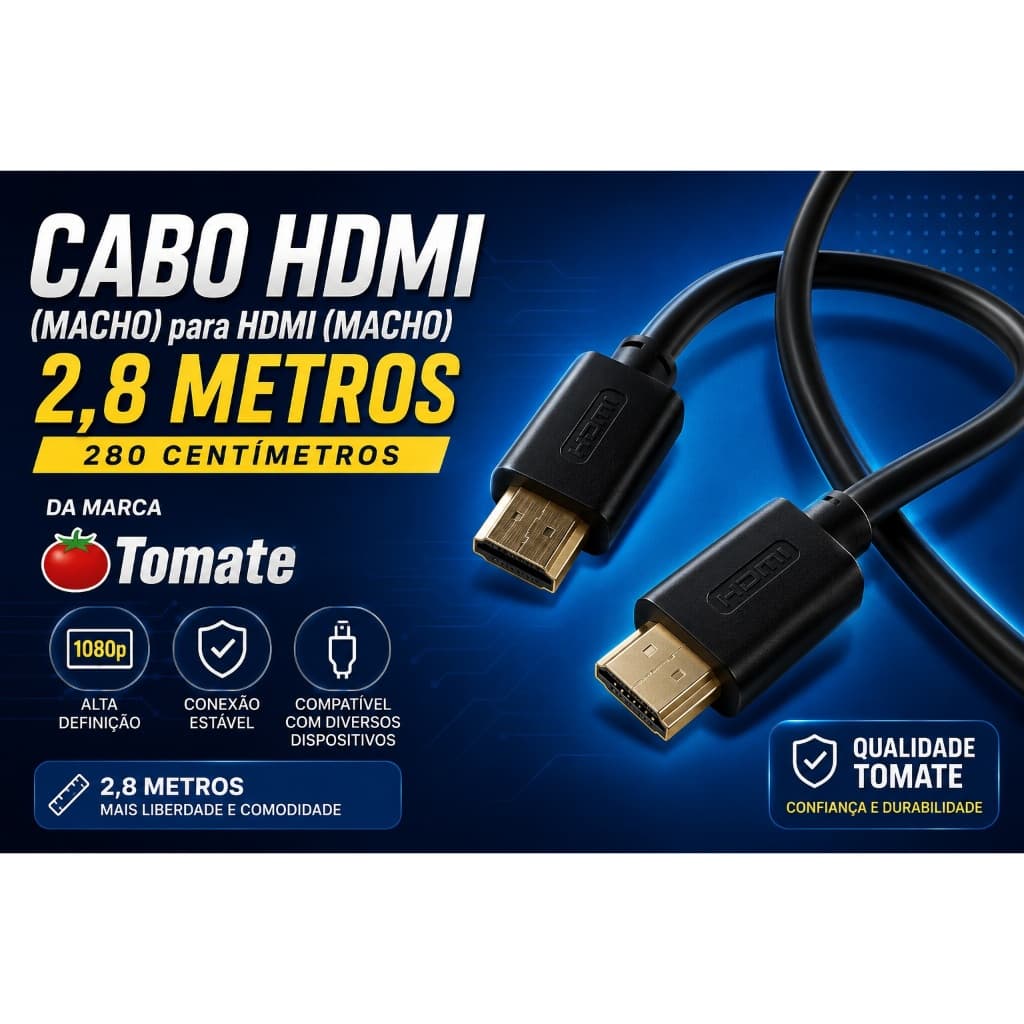 Cabo HDMI (macho) para HDMI (macho) de 2,8 metros (280 centímetros) da marca Tomate (fio preto)