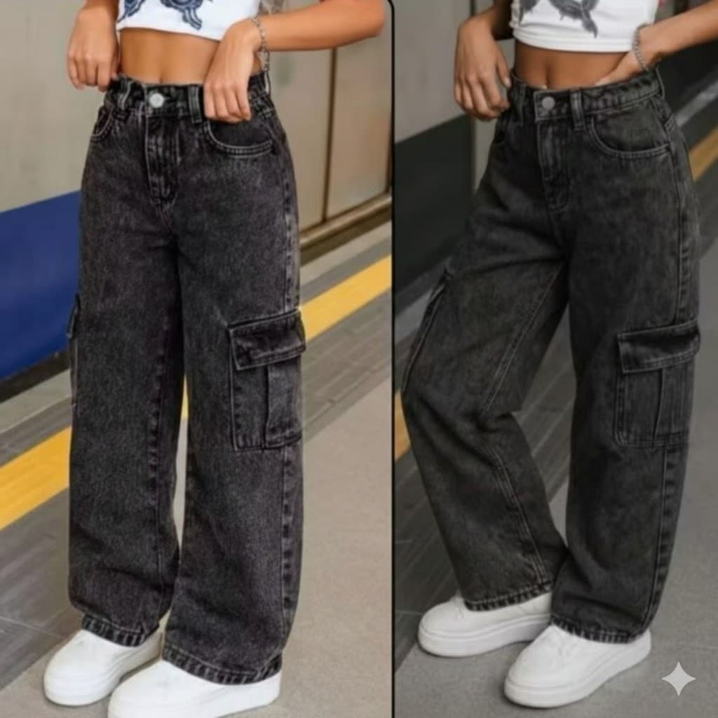 Calça Cargo Jeans Menina blogueirinha Juvenil 10 ao 16 anos com bolsos laterais premium Criança