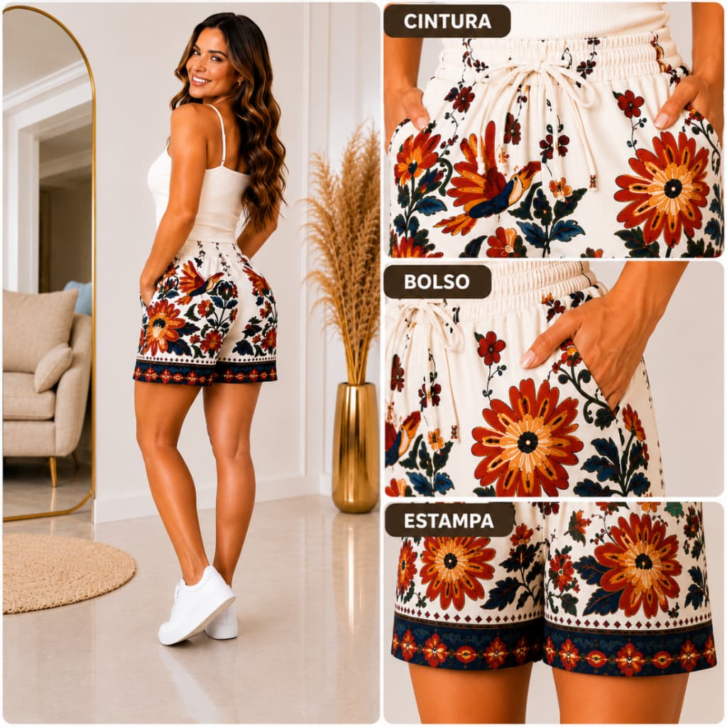 Short Feminino Liso e Estampado Crepe Com Bolso Cintura alta com Elástico Casual Verão Moda Verão