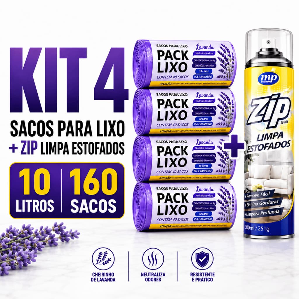 Kit 4 Rolos Saco Lixo Perfumado Lavanda 10L 160 Unidades Zip Limpa Estofados 300ml Neutraliza Odores