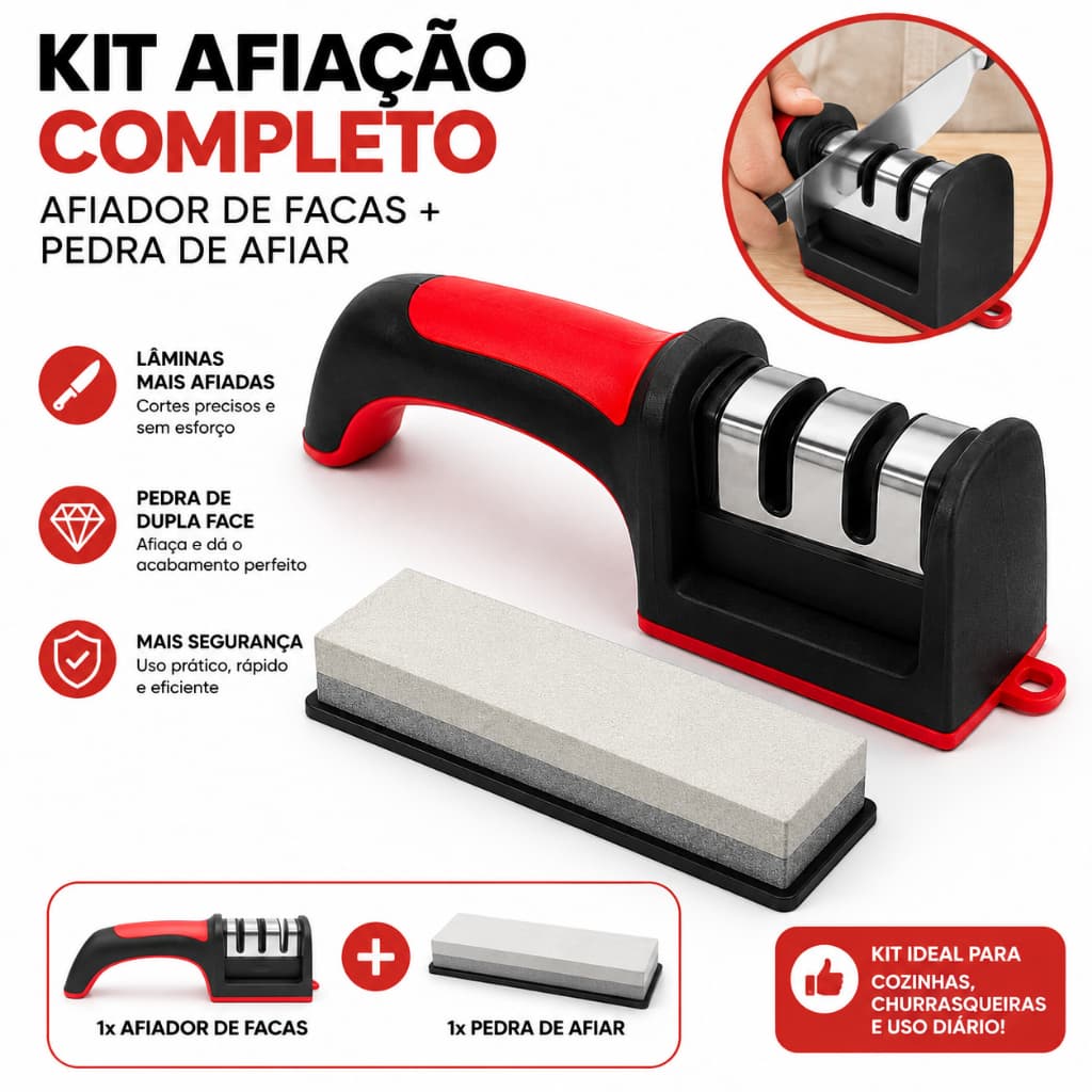 Kit Afiador de Facas Manual 3 Estágios + Pedra de Afiar 6 Polegadas Dupla Face Profissional para Cozinha e Churrasco  Es