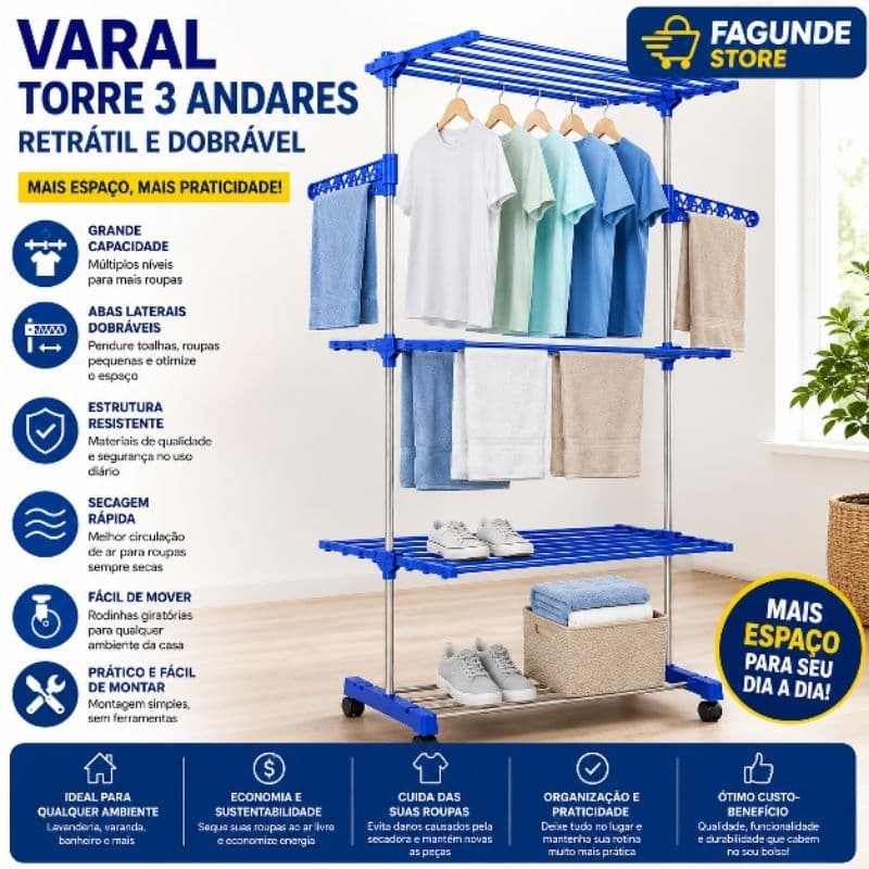 Varal Torre 3 Andares Inox Retrátil Compacto (AZUL)