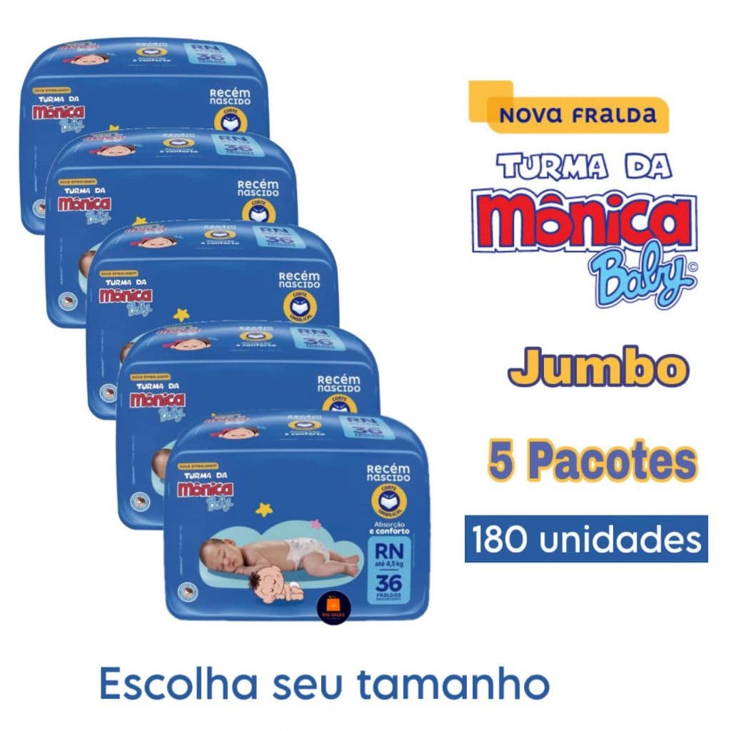 Kit C/5 Pacotes de Fralda Turma Da Monica  Jumbo RN,P,M,G,XG,XXG