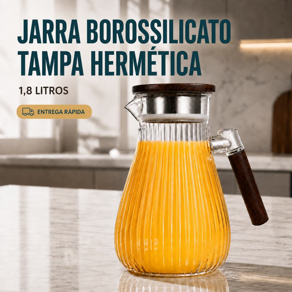 Jarra Canelado 1,8L Vidro Borossilicato Tampa Hermético Inox E Cabo Madeira Coador Suco Agua