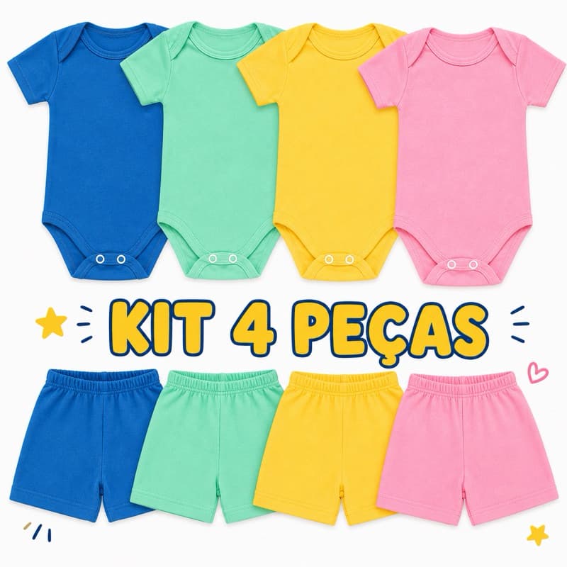 kit 4 peças boddy + shortinho menina e menino para bebe infantil canelado