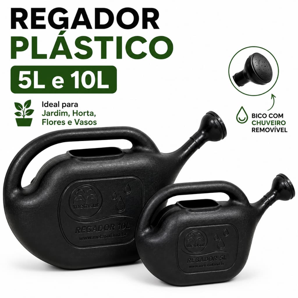 Regador de Plantas Metasul 5L e 10L Plástico Leve e Bico Chuveiro Removível Flores Horta Jardinagem