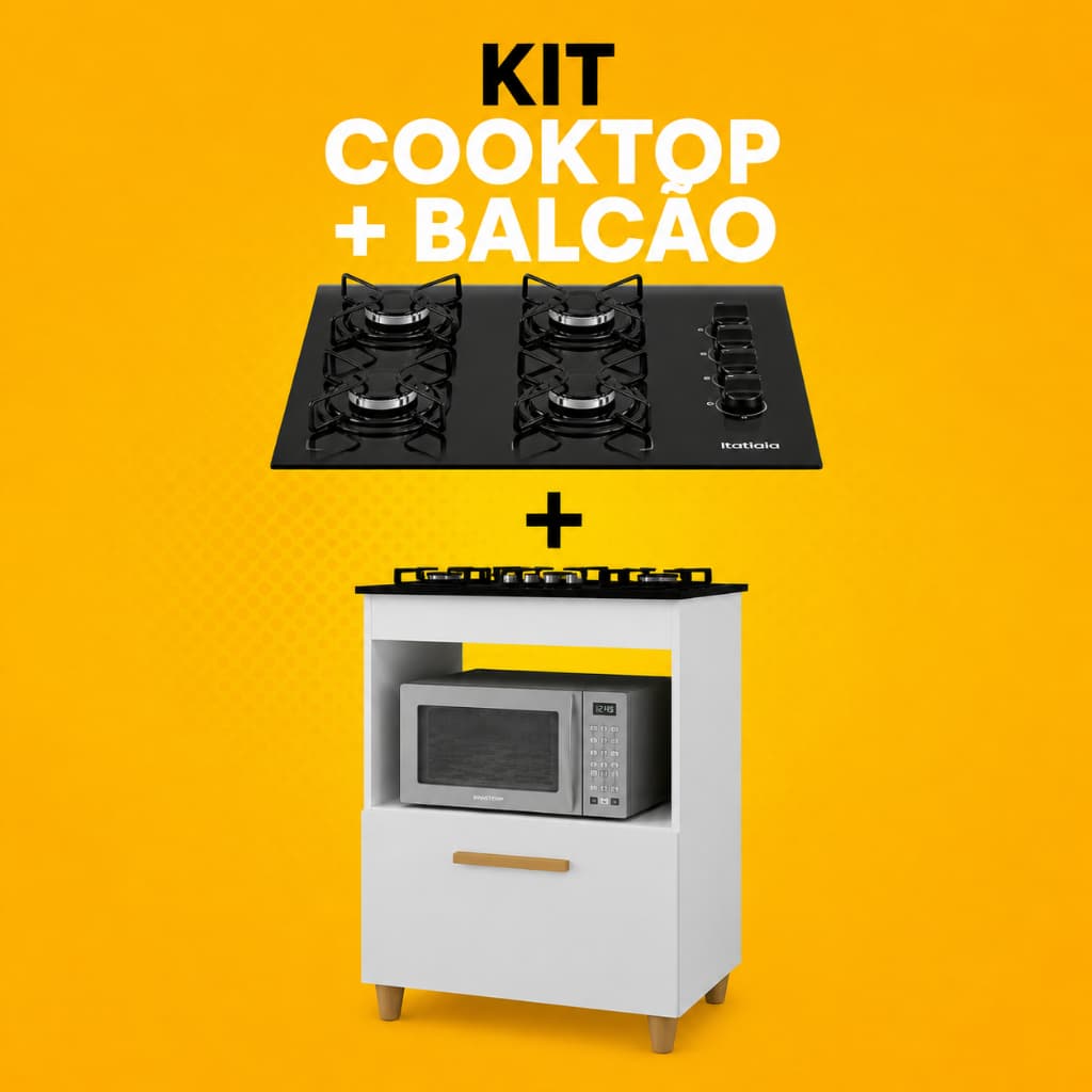 Kit Cooktop Itatiaia 4 ou 5 Bocas Preto com Balcão Salvia Branco