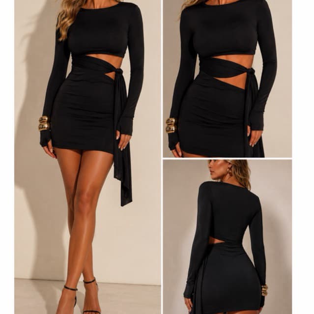 vestido curto manga longa com dedeira e amarração lateral(FABY)