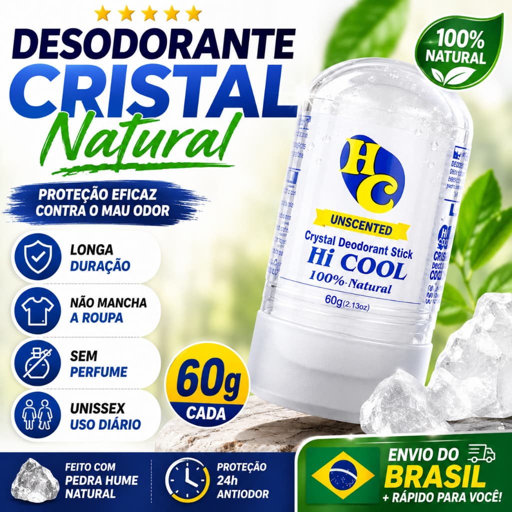 Kit 2 Desodorante Cristal Natural 60g Pedra Hume Mineral Antiodor Sem Perfume Não Mancha Roupa Unissex