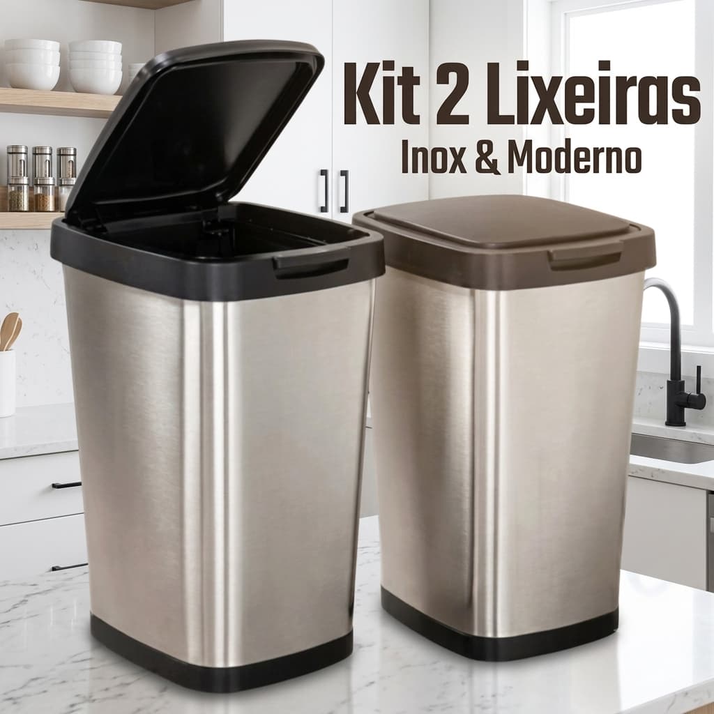 Lixeira Inox 9L Tampa Click 1 Unidade ou Conjunto Com 2 Moderna Compacta Cozinha Banheiro Premium