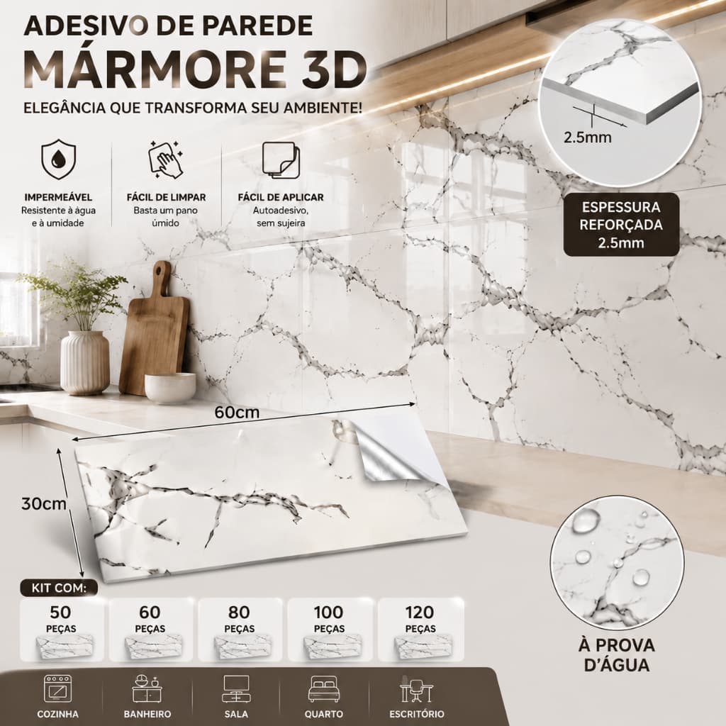 Kit 50/60/80/100/120 Peças Adesivas 3d Mármore De Parede Relevo Lavável 30cmx60cmx2.5mm