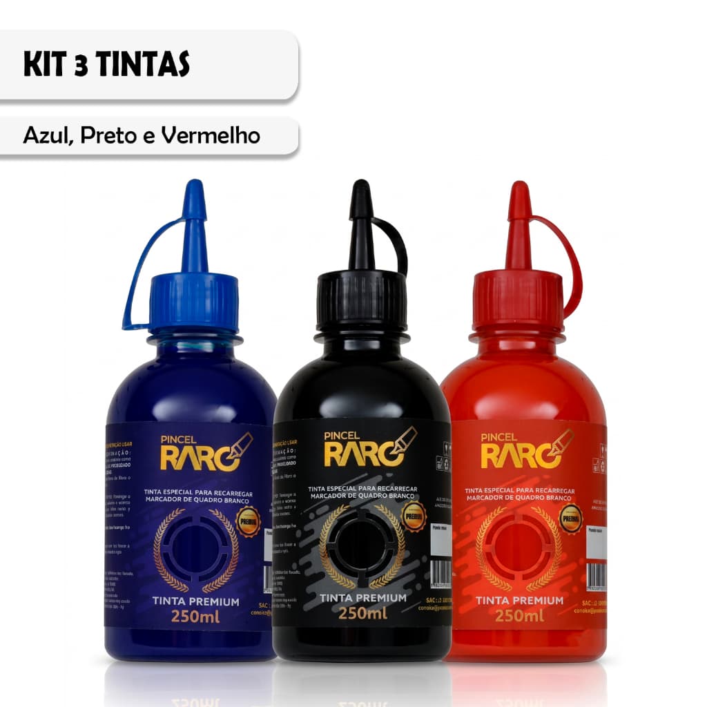 Kit 3 Tintas Premium Recarga Marcador Quadro Branco 250ml Azul Preta Vermelha Universal Não Mancha Bico Aplicador Escola
