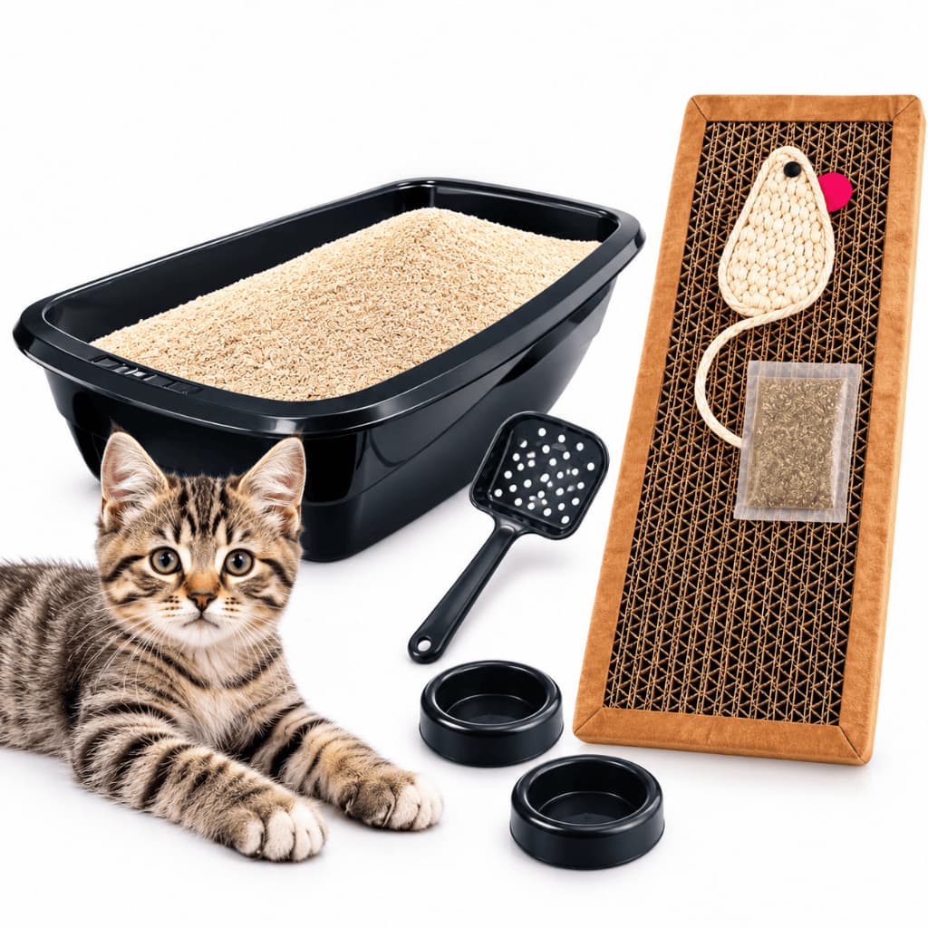 Kit Higiene Alimentação e Diversão para Gatos: Bandeja Sanitária Completa+ Comedouro+ Tapete Arranhador com Catnip