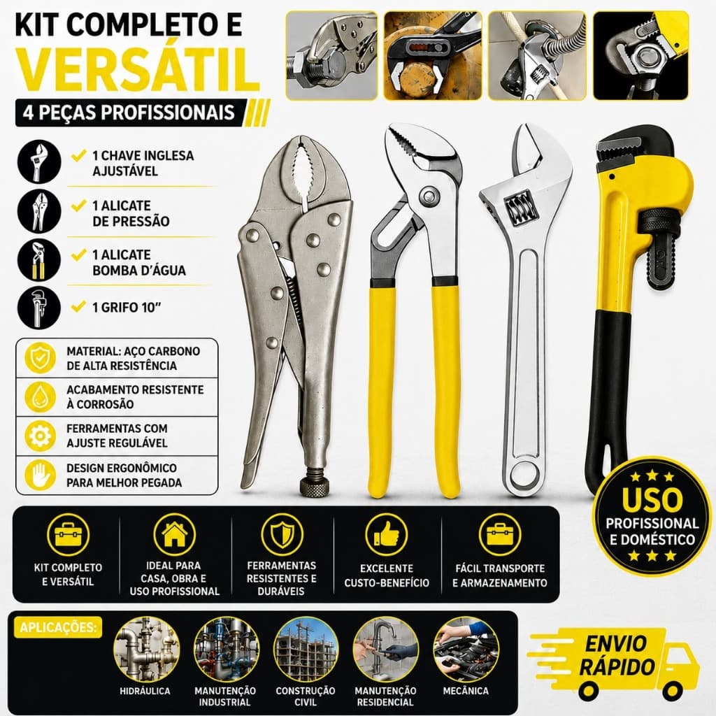 Kit Ferramentas Chave Inglesa Alicate Pressão Grifo Bomba Dágua Profissional Encanador Manutenção Hidráulica