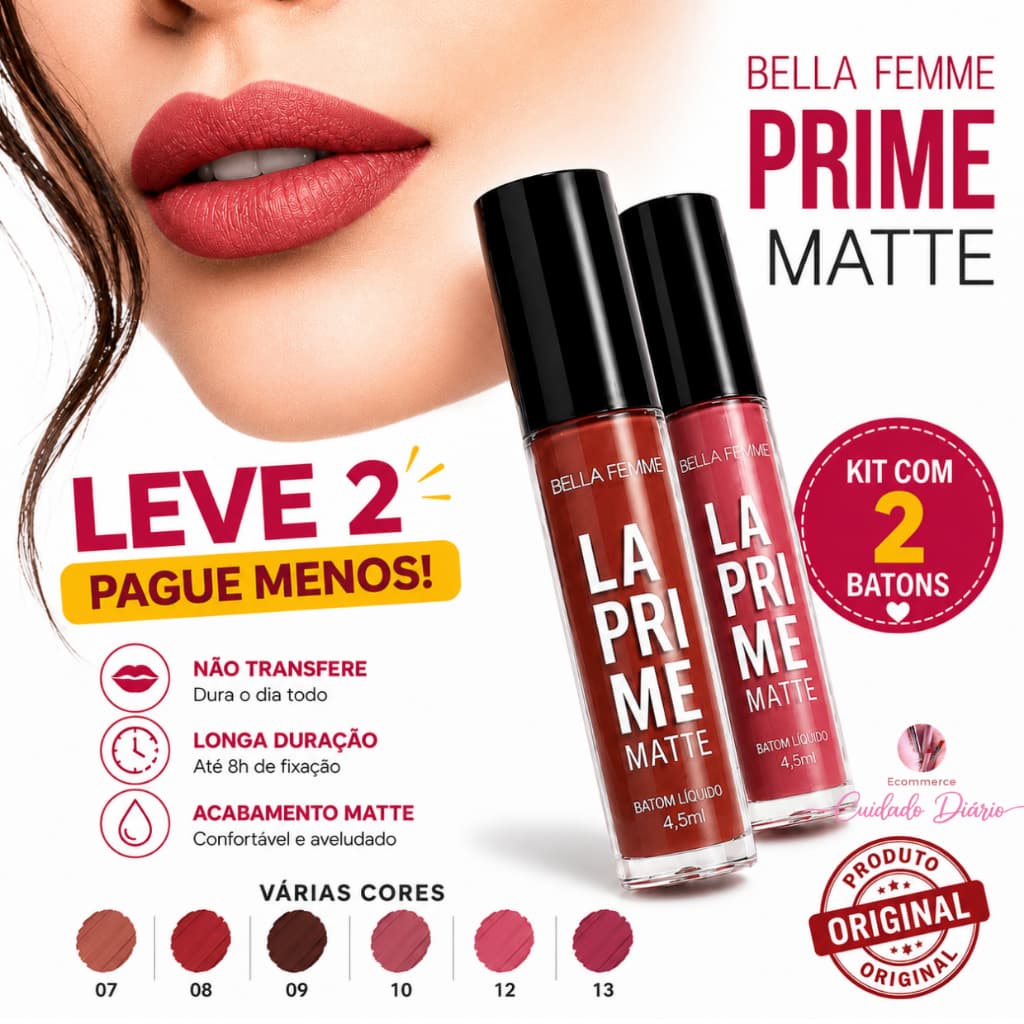 Batom Líquido Bella Femme Prime Matte I Não Transfere | Longa Duração | Nude e Escura