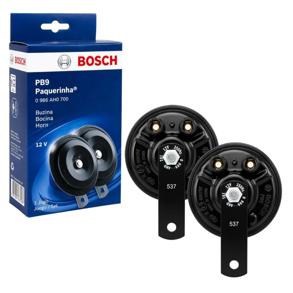 PAR BUZINA BOSCH PB9 PAQUERINHA 12V ORIGINAL SOM AGUDO 420HZ GRAVE 350HZ AUTOMOTIVA
