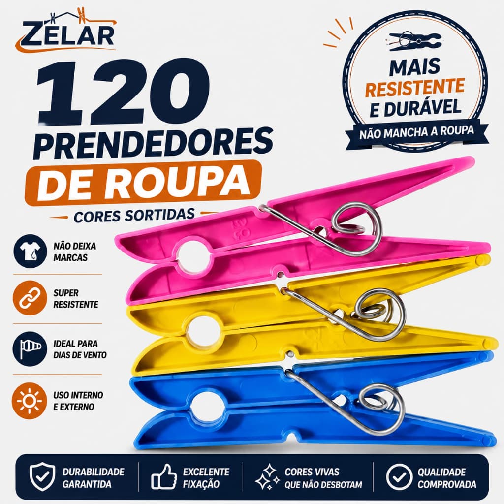 Kit 12 a 120 unidades Prendedor Pregador de Roupas Plástico Reforçado – Cores Sortidas – Varal