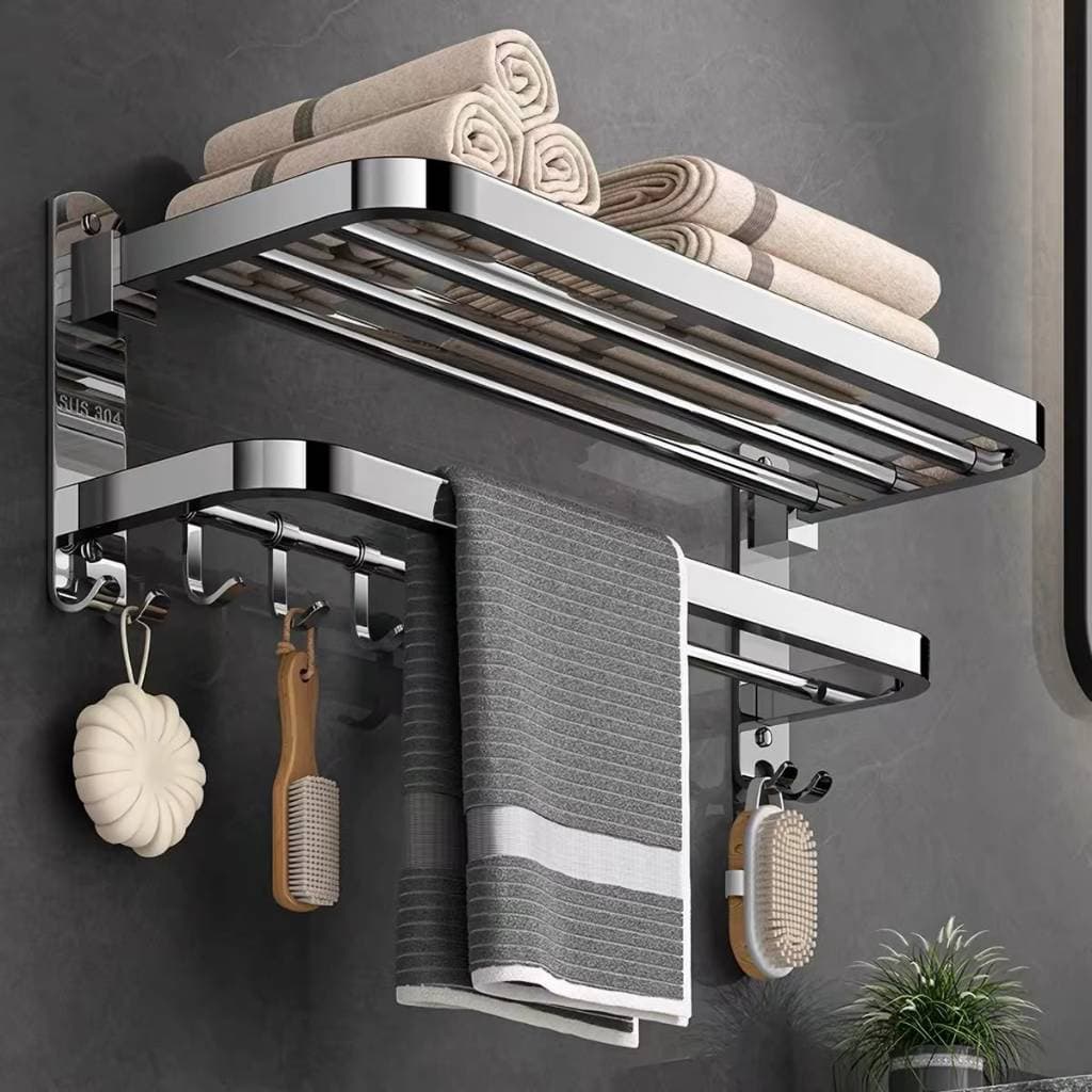 Toalheiro Dobrável 60cm Inox Prata Porta Toalha com Prateleira Cola ou Parafuso