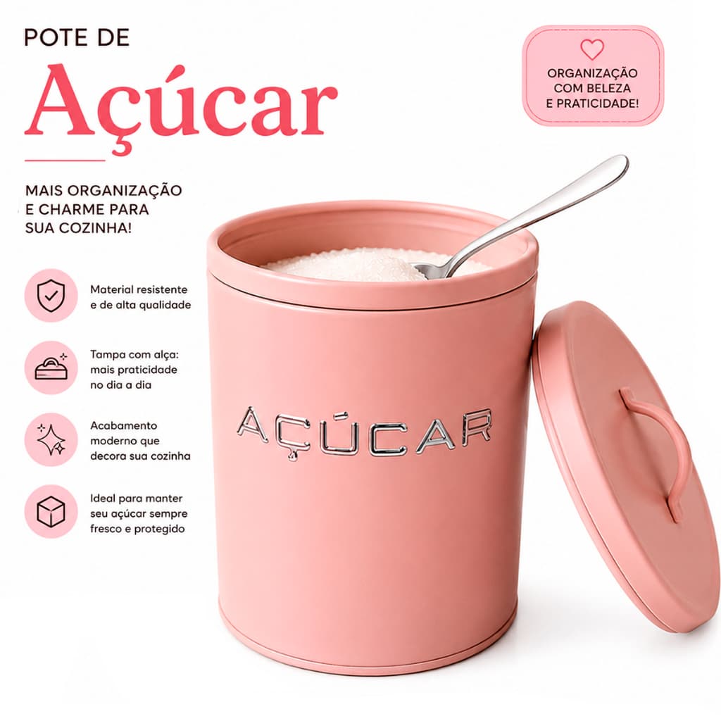 Pote de Açúcar Metal Rosa Retrô 17cm com Tampa e Alça Lata Porta Açúcar Decorativa Vintage para Cozinha