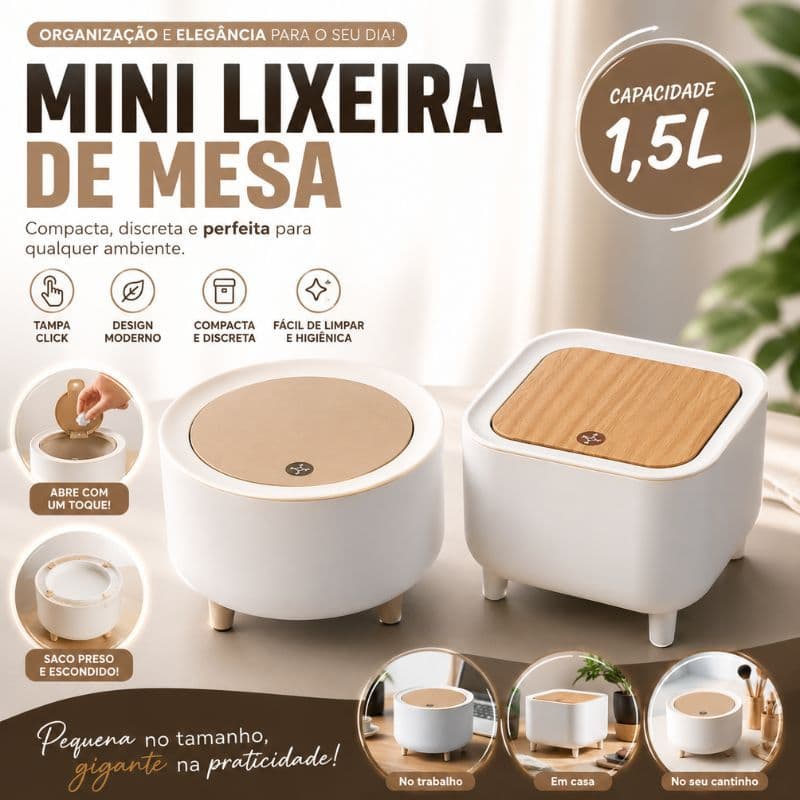 Cesto Lixeira Mini 1,5L Tampa Click Multiuso Organizador Retrô Branco Mesa Banheiro Escritório Casa
