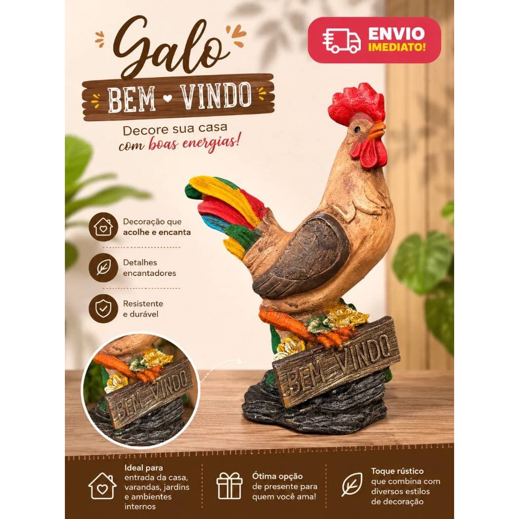 Enfeite Galo Bem Vindo Cozinha Estatueta Gesso 21cm Decoração Armário Balcão Nicho Aréa Churrasco Gourmet